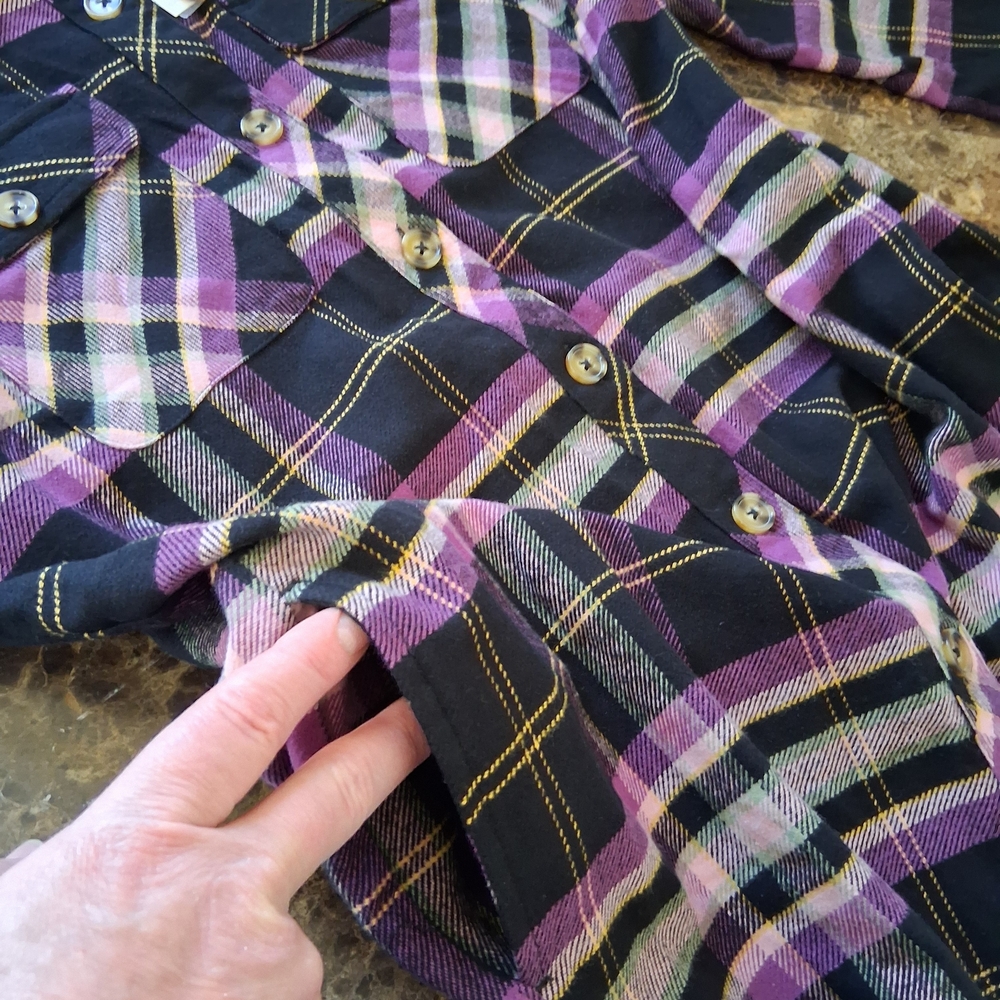 Cato Purple&Black Plaid Button Down Flanel With Front & Side Pockets 100% Cotton - Picture 8 of 15